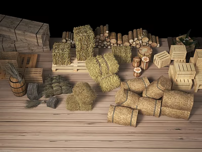 Rustic Farm Supplies Display With Hay Bales Wooden Crates Barrels And Logs On Wooden Floor 3d model