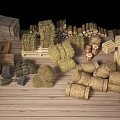 Rustic Farm Supplies Display With Hay Bales Wooden Crates Barrels And Logs On Wooden Floor