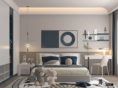 Modern Children's Room Interior With Bed Plush Toys Desk Chair Shelf And Wall Art 3d model