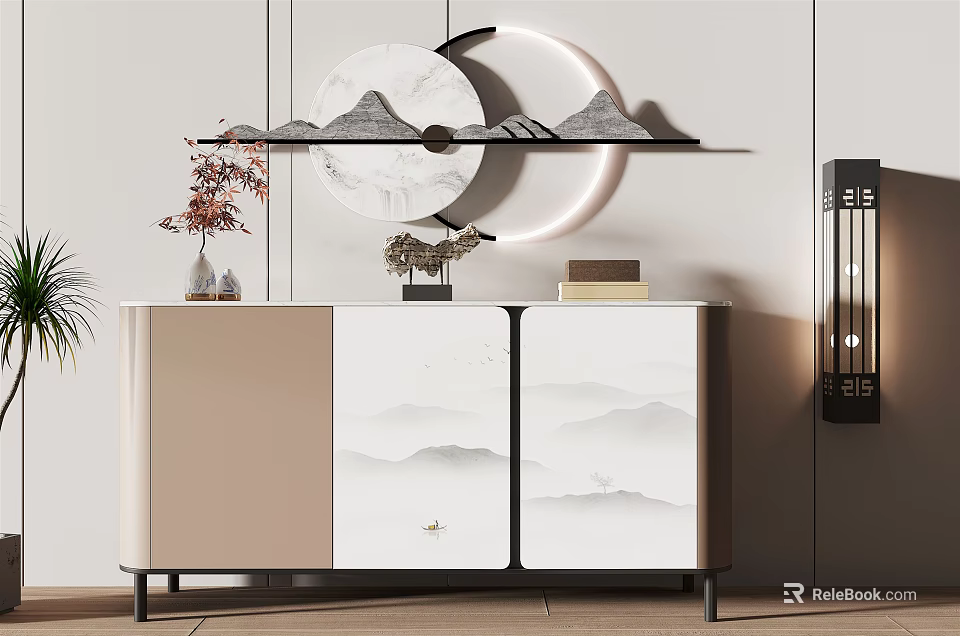 Modern Entryway Cabinet Sideboard With Marble Landscape Pattern And Decorative Wall Art 3d model