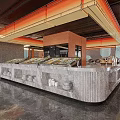 Modern Restaurant Interior With Buffet Tables Marble Countertops Open Layout And Displayed Dishes