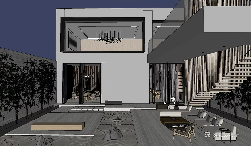 Modern Courtyard Garden With Grey Building Glass Windows Wooden Flooring Stone Features Trees Outdoor Seating 3d model 