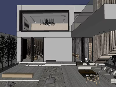 Modern Courtyard Garden With Grey Building Glass Windows Wooden Flooring Stone Features Trees Outdoor Seating 3d model