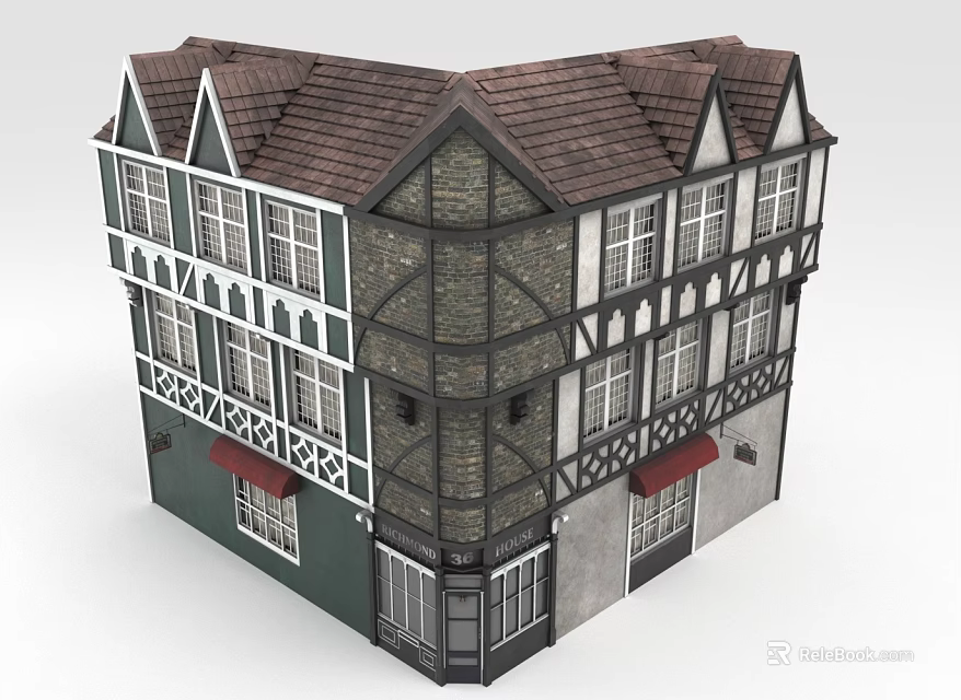 European style Architecture Two Story Building With Brown Roof Pointed Gables Green White Walls Black Timber Frames 3d model 