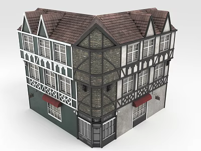 European style Architecture Two Story Building With Brown Roof Pointed Gables Green White Walls Black Timber Frames 3d model