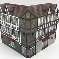 European style Architecture Two Story Building With Brown Roof Pointed Gables Green White Walls Black Timber Frames