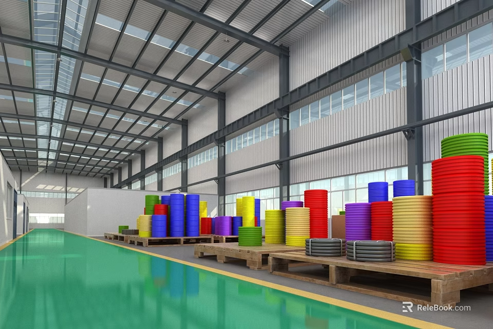 Hardware Tools Storage in Large Warehouse with Colorful Coils on Wooden Pallets 3d model 
