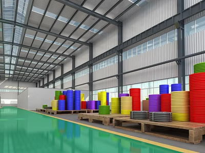 Hardware Tools Storage in Large Warehouse with Colorful Coils on Wooden Pallets 3d model