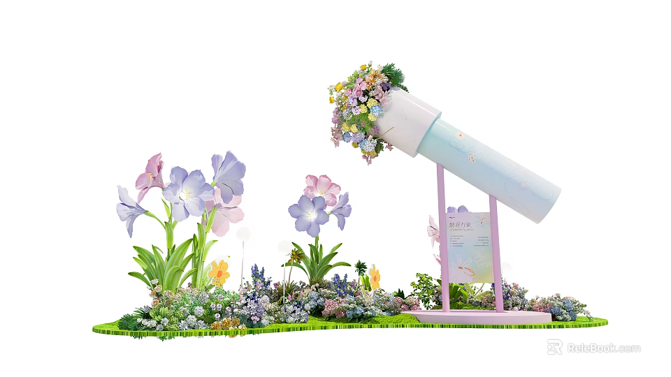 Telescope Shaped Art Installation With Colorful Floral Decor And Pastel Pink Stand 3d model 