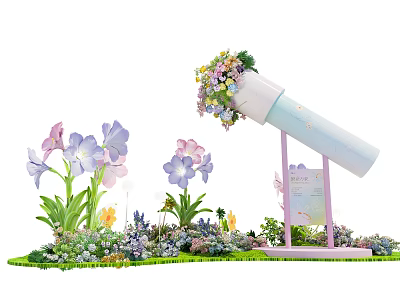 Telescope Shaped Art Installation With Colorful Floral Decor And Pastel Pink Stand 3d model