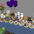 Assorted Desserts and Snacks Table with Fruits Drinks Balloons and Flowers