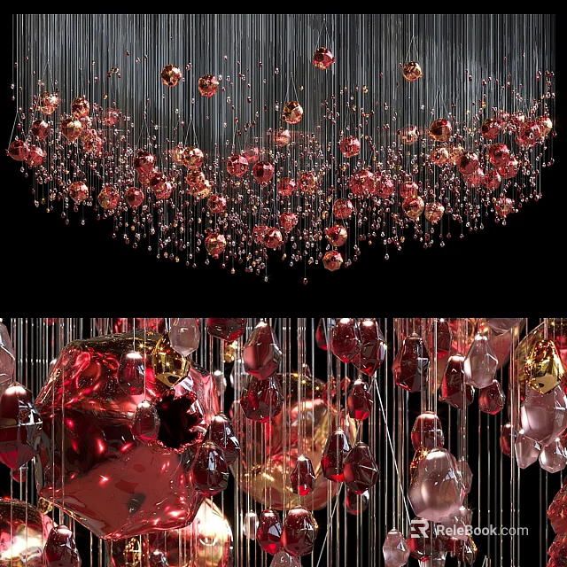 Modern Elegant Chandelier With Hanging Red Gold Crystal Glass Spheres Decor 3d model 