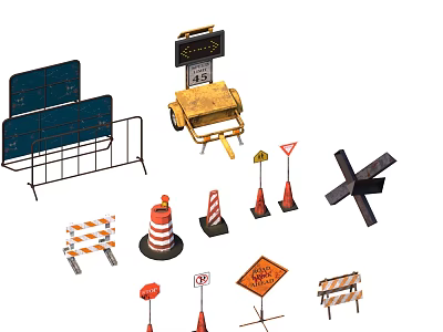 Construction Safety Gear With Road Barriers Traffic Cones Warning Signs And Wheelbarrow 3d model