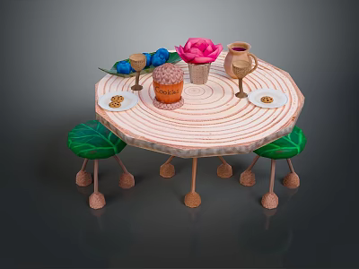 Round Wooden Outdoor Table Decorated With Green Leaf Shaped Stools Pink Flower Mug And Plates 3d model