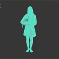 Woman in Blue Blouse and Floral Skirt Holding Small Dog Barefoot on Gray Background