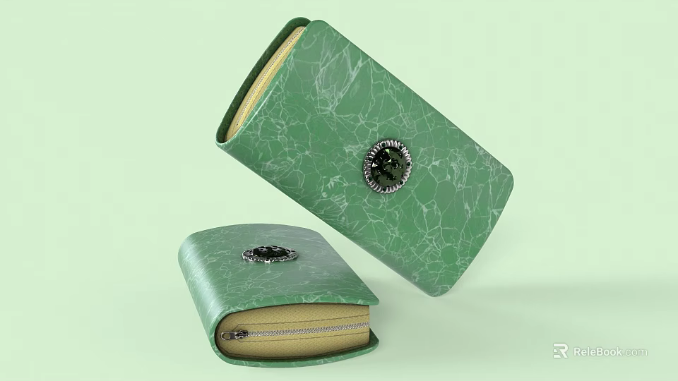 Green Wallet With Cracked Texture Round Decorative Clasp Open State Light Colored Lining 3d model 