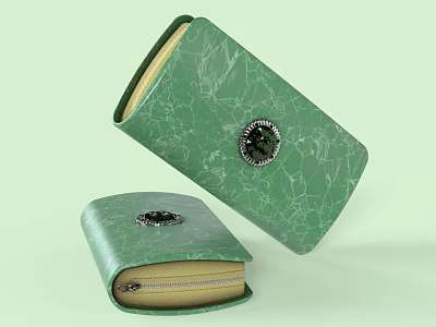 Green Wallet With Cracked Texture Round Decorative Clasp Open State Light Colored Lining 3d model