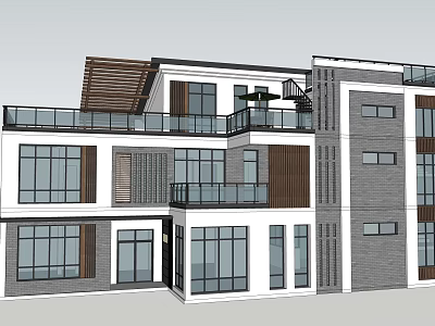 Modern Detached Villa Exterior With Large Glass Windows Balcony And Wooden Elements 3d model