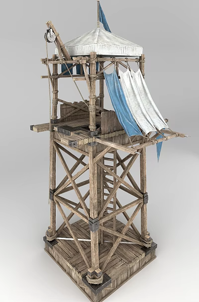 Rustic Wooden Tower With Ladder Platform And Blue White Fabric Decoration 3d model