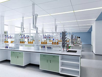 Modern Laboratory Interior With Lab Benches Reagent Bottles Green Cabinets Fume Hoods And People Working 3d model