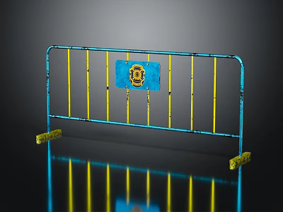 Blue and Yellow Metal Safety Barrier with Blue Sign on Rails and Yellow Base 3d model