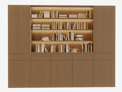 Modern Wooden Bookcase Interior Design With Layered Shelves Built In Lighting And Stacked Books 3d model