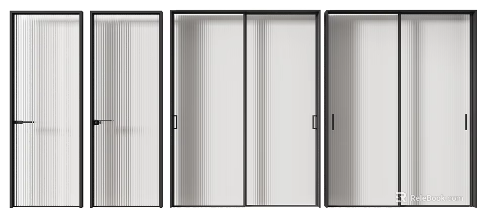 Modern Interior Sliding Doors With Black Frame And Vertical Stripe Glass 3d model 
