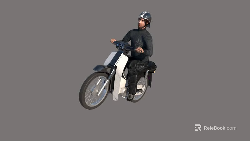 Classic White and Black Motorcycle With Rider in Black Outfit and Helmet 3d model 
