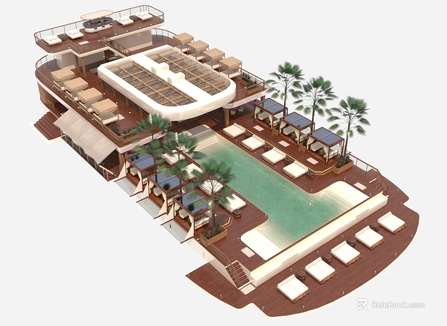 Luxury Yacht with Spacious Deck Featuring Swimming Pool Palm Trees and Sun Loungers 3d model 