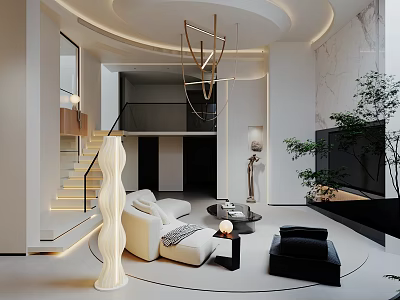 Modern Duplex Living Room Interior Design With Staircase Hanging Chandelier Sofa And Plants 3d model