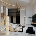 Modern Duplex Living Room Interior Design With Staircase Hanging Chandelier Sofa And Plants