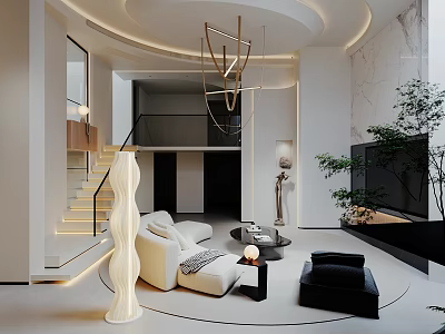 Modern villa basement pick empty living room suspended stairs landscape sketch sinking living room 3d model