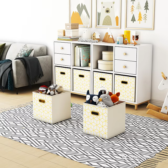 White Storage Cabinet With Drawers And Two Yellow Geometric Boxes For Home Organization Essentials 3d model 