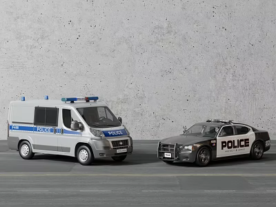 Functional Police Vehicles Van And Sedan With Police Logo On Urban Road 3d model
