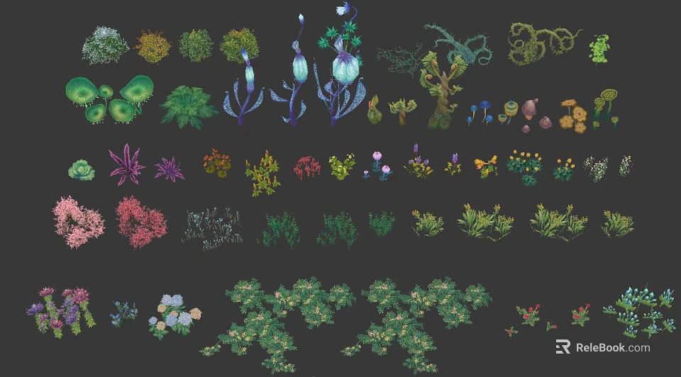 Various Plant Illustrations with Different Colors Shapes and Foliage on Dark Background 3d model 