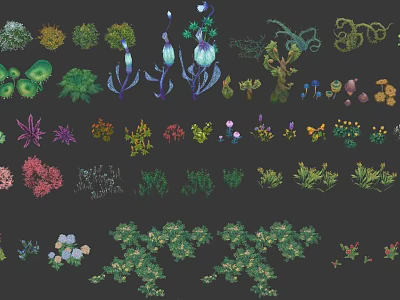Various Plant Illustrations with Different Colors Shapes and Foliage on Dark Background 3d model
