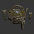 Steampunk Mechanical Device With Rustic Metal Surface Curved Handle Blue Glowing Center Four Support Legs
