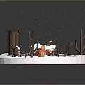 Snowy Winter Scene Featuring Small Cabin Wooden Fence Trees And Snow Covered Ground