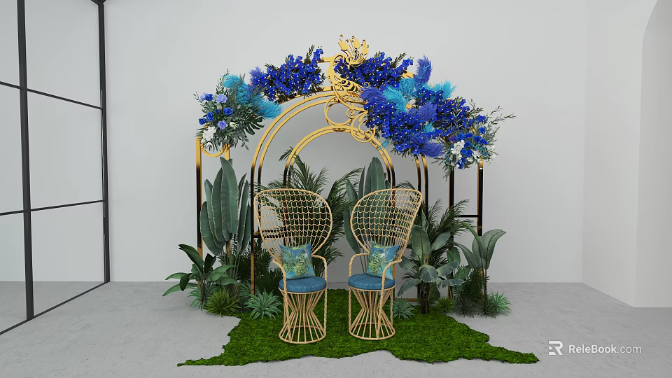 Decorative Scene With Golden Arch Blue Purple Flowers Rattan Chairs And Green Plants 3d model 