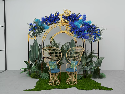 Decorative Scene With Golden Arch Blue Purple Flowers Rattan Chairs And Green Plants 3d model