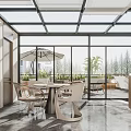 Modern Villa Balcony Design With Glass Windows Outdoor Dining Set And Green Plants