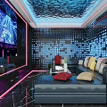 KTV Room With Neon Lights Large Screen Sofa Blue Ceiling And Geometric Patterned Walls 3d model