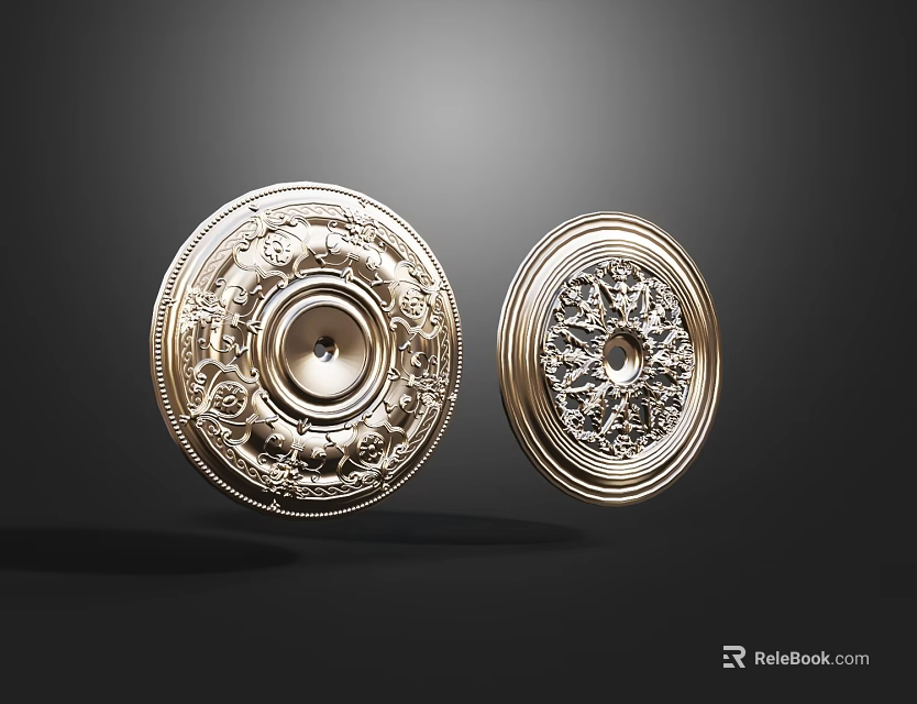 Ornate Carved Golden Circular Decorative Ceiling Medallions With Intricate Design Details 3d model 