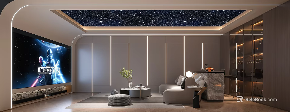 Modern Home Theater Room Interior With Starry Ceiling Comfortable Sofa And Ambient Lights 3d model 
