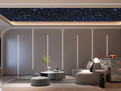 Modern Home Theater Room Interior With Starry Ceiling Comfortable Sofa And Ambient Lights 3d model