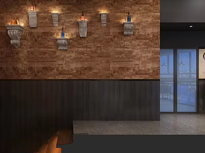 Rustic Bar Interior With Bricked Wall Dark Wooden Paneling And Wall Sconces 3d model