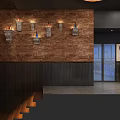 Rustic Bar Interior With Bricked Wall Dark Wooden Paneling And Wall Sconces