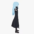 Woman With Blue Long Hair Wearing Black Long Coat And Gray Pants Arms Outstretched
