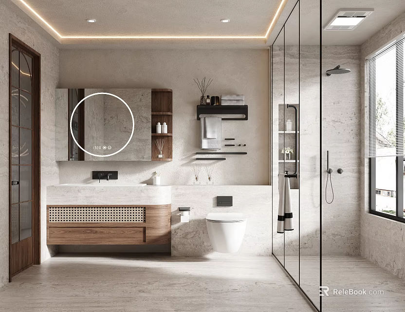 Modern Bathroom Interior With Round Mirror Wooden Vanity Glass Shower And Marble Walls 3d model 