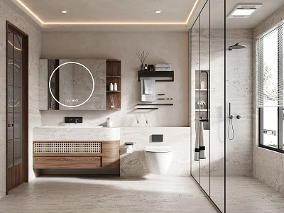 Modern Bathroom Interior With Round Mirror Wooden Vanity Glass Shower And Marble Walls 3d model